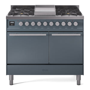 ILVE Professional Plus II 40-Inch Dual Fuel Range with 6 Sealed Burners + Griddle, 4.3 cu. ft. Oven, Blue Grey, Natural Gas, Solid Door, UPD40FQMPBG