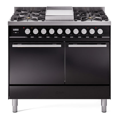 ILVE Professional Plus II 40-Inch Dual Fuel Range with 6 Sealed Burners + Griddle, 4.3 cu. ft. Oven, Glossy Black, Liquid Propane, Solid Door, UPD40FQMPBKLP
