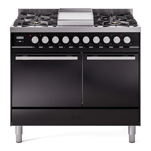 ILVE Professional Plus II 40-Inch Dual Fuel Range with 6 Sealed Burners + Griddle, 4.3 cu. ft. Oven, Glossy Black, Natural Gas, Solid Door, UPD40FQMPBK