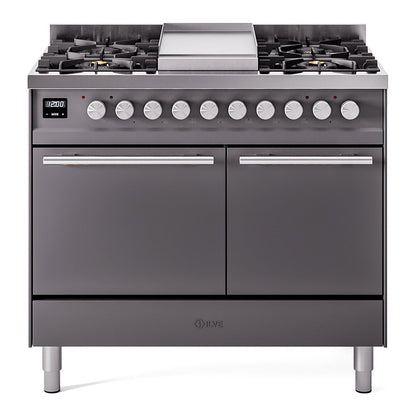ILVE Professional Plus II 40-Inch Dual Fuel Range with 6 Sealed Burners + Griddle, 4.3 cu. ft. Oven, Graphite Matte, Liquid Propane, Solid Door, UPD40FQMPMGLP