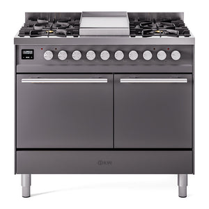 ILVE Professional Plus II 40-Inch Dual Fuel Range with 6 Sealed Burners + Griddle, 4.3 cu. ft. Oven, Graphite Matte, Natural Gas, Solid Door, UPD40FQMPMG
