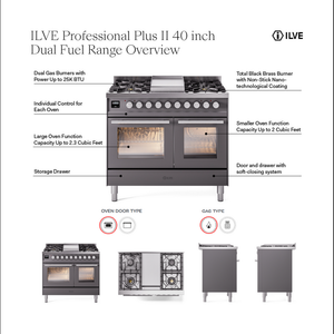 ILVE Professional Plus II 40-Inch Dual Fuel Range with 6 Sealed Burners + Griddle, 4.3 cu. ft. Oven, RAL, Natural Gas, Solid Door, UPD40FQMPRA