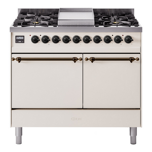 ILVE Nostalgie II 40-Inch Dual Fuel Range with 6 Sealed Burners + Griddle, 4.3 cu. ft. Oven, Antique White with Burnished Trim, Natural Gas, Solid Door, UPD40FQNMPAWB