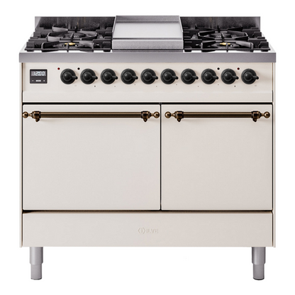 ILVE Nostalgie II 40-Inch Dual Fuel Range with 6 Sealed Burners + Griddle, 4.3 cu. ft. Oven, Antique White with Burnished Trim, Natural Gas, Solid Door, UPD40FQNMPAWB
