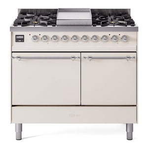 ILVE Nostalgie II 40-Inch Dual Fuel Range with 6 Sealed Burners + Griddle, 4.3 cu. ft. Oven, Antique White with Chrome Trim, Natural Gas, Solid Door, UPD40FQNMPAWC