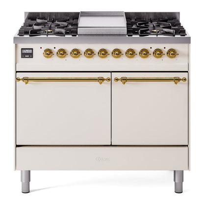 ILVE Nostalgie II 40-Inch Dual Fuel Range with 6 Sealed Burners + Griddle, 4.3 cu. ft. Oven, Antique White with Brass Trim, Liquid Propane, Solid Door, UPD40FQNMPAWGLP