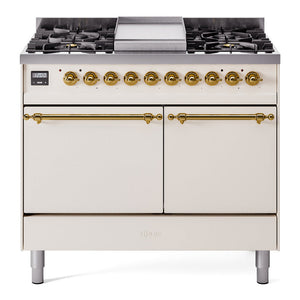 ILVE Nostalgie II 40-Inch Dual Fuel Range with 6 Sealed Burners + Griddle, 4.3 cu. ft. Oven, Antique White with Brass Trim, Natural Gas, Solid Door, UPD40FQNMPAWG