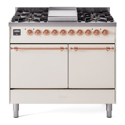 ILVE Nostalgie II 40-Inch Dual Fuel Range with 6 Sealed Burners + Griddle, 4.3 cu. ft. Oven, Antique White with Copper Trim, Liquid Propane, Solid Door, UPD40FQNMPAWPLP