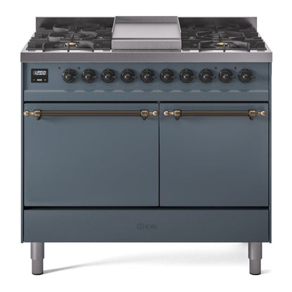 ILVE Nostalgie II 40-Inch Dual Fuel Range with 6 Sealed Burners + Griddle, 4.3 cu. ft. Oven, Blue Grey with Burnished Trim, Liquid Propane, Solid Door, UPD40FQNMPBGBLP