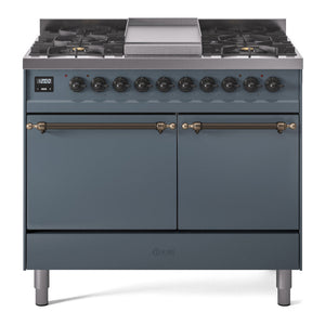 ILVE Nostalgie II 40-Inch Dual Fuel Range with 6 Sealed Burners + Griddle, 4.3 cu. ft. Oven, Blue Grey with Burnished Trim, Natural Gas, Solid Door, UPD40FQNMPBGB