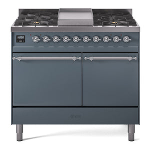 ILVE Nostalgie II 40-Inch Dual Fuel Range with 6 Sealed Burners + Griddle, 4.3 cu. ft. Oven, Blue Grey with Chrome Trim, Liquid Propane, Solid Door, UPD40FQNMPBGCLP