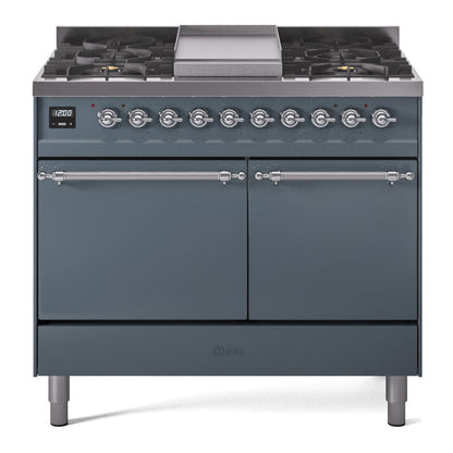 ILVE Nostalgie II 40-Inch Dual Fuel Range with 6 Sealed Burners + Griddle, 4.3 cu. ft. Oven, Blue Grey with Chrome Trim, Natural Gas, Solid Door, UPD40FQNMPBGC