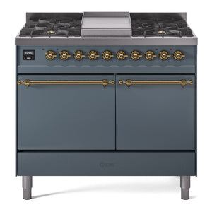 ILVE Nostalgie II 40-Inch Dual Fuel Range with 6 Sealed Burners + Griddle, 4.3 cu. ft. Oven, Blue Grey with Brass Trim, Liquid Propane, Solid Door, UPD40FQNMPBGGLP