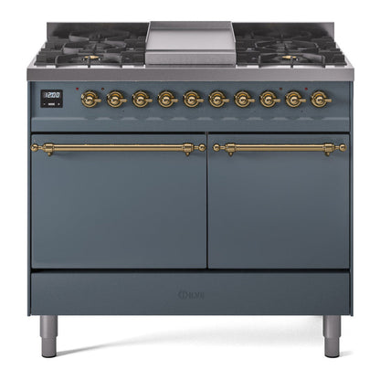 ILVE Nostalgie II 40-Inch Dual Fuel Range with 6 Sealed Burners + Griddle, 4.3 cu. ft. Oven, Blue Grey with Brass Trim, Liquid Propane, Solid Door, UPD40FQNMPBGGLP