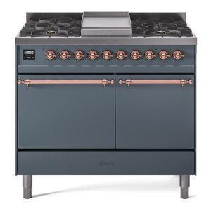 ILVE Nostalgie II 40-Inch Dual Fuel Range with 6 Sealed Burners + Griddle, 4.3 cu. ft. Oven, Blue Grey with Copper Trim, Liquid Propane, Solid Door, UPD40FQNMPBGPLP