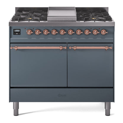 ILVE Nostalgie II 40-Inch Dual Fuel Range with 6 Sealed Burners + Griddle, 4.3 cu. ft. Oven, Blue Grey with Copper Trim, Liquid Propane, Solid Door, UPD40FQNMPBGPLP