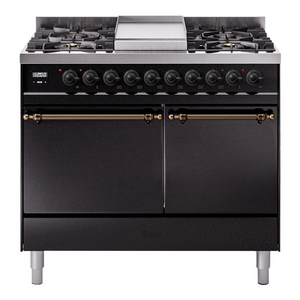 ILVE Nostalgie II 40-Inch Dual Fuel Range with 6 Sealed Burners + Griddle, 4.3 cu. ft. Oven, Glossy Black with Burnished Trim, Natural Gas, Solid Door, UPD40FQNMPBKB