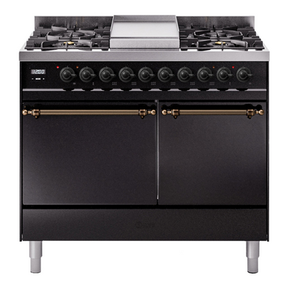 ILVE Nostalgie II 40-Inch Dual Fuel Range with 6 Sealed Burners + Griddle, 4.3 cu. ft. Oven, Glossy Black with Burnished Trim, Natural Gas, Solid Door, UPD40FQNMPBKB
