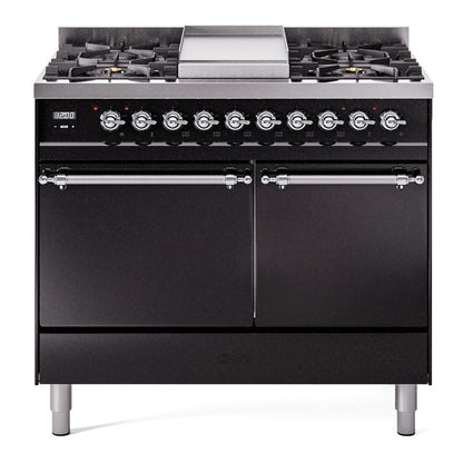 ILVE Nostalgie II 40-Inch Dual Fuel Range with 6 Sealed Burners + Griddle, 4.3 cu. ft. Oven, Glossy Black with Chrome Trim, Liquid Propane, Solid Door, UPD40FQNMPBKCLP