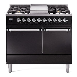 ILVE Nostalgie II 40-Inch Dual Fuel Range with 6 Sealed Burners + Griddle, 4.3 cu. ft. Oven, Glossy Black with Chrome Trim, Natural Gas, Solid Door, UPD40FQNMPBKC