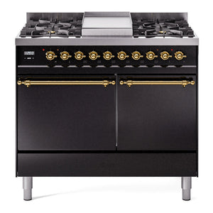 ILVE Nostalgie II 40-Inch Dual Fuel Range with 6 Sealed Burners + Griddle, 4.3 cu. ft. Oven, Glossy Black with Brass Trim, Liquid Propane, Solid Door, UPD40FQNMPBKGLP