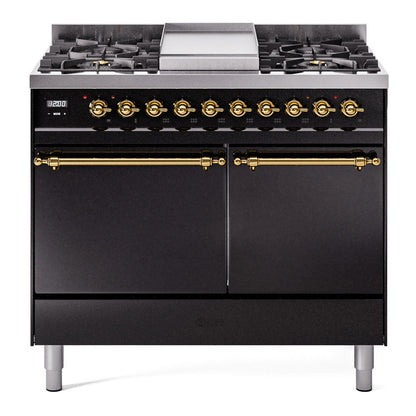 ILVE Nostalgie II 40-Inch Dual Fuel Range with 6 Sealed Burners + Griddle, 4.3 cu. ft. Oven, Glossy Black with Brass Trim, Liquid Propane, Solid Door, UPD40FQNMPBKGLP