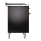 ILVE Nostalgie II 40-Inch Dual Fuel Range with 6 Sealed Burners + Griddle, 4.3 cu. ft. Oven, Glossy Black with Brass Trim, Natural Gas, Solid Door, UPD40FQNMPBKG