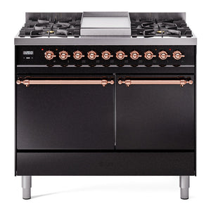 ILVE Nostalgie II 40-Inch Dual Fuel Range with 6 Sealed Burners + Griddle, 4.3 cu. ft. Oven, Glossy Black with Copper Trim, Natural Gas, Solid Door, UPD40FQNMPBKP