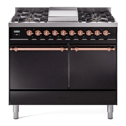 ILVE Nostalgie II 40-Inch Dual Fuel Range with 6 Sealed Burners + Griddle, 4.3 cu. ft. Oven, Glossy Black with Copper Trim, Natural Gas, Solid Door, UPD40FQNMPBKP