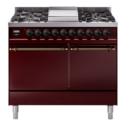 ILVE Nostalgie II 40-Inch Dual Fuel Range with 6 Sealed Burners + Griddle, 4.3 cu. ft. Oven, Burgundy with Burnished Trim, Liquid Propane, Solid Door, UPD40FQNMPBUBLP