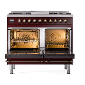 ILVE Nostalgie II 40-Inch Dual Fuel Range with 6 Sealed Burners + Griddle, 4.3 cu. ft. Oven, Burgundy with Burnished Trim, Natural Gas, Solid Door, UPD40FQNMPBUB