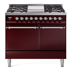 ILVE Nostalgie II 40-Inch Dual Fuel Range with 6 Sealed Burners + Griddle, 4.3 cu. ft. Oven, Burgundy with Chrome Trim, Liquid Propane, Solid Door, UPD40FQNMPBUCLP