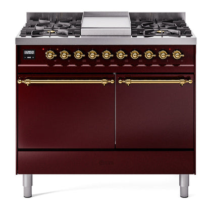 ILVE Nostalgie II 40-Inch Dual Fuel Range with 6 Sealed Burners + Griddle, 4.3 cu. ft. Oven, Burgundy with Brass Trim, Liquid Propane, Solid Door, UPD40FQNMPBUGLP