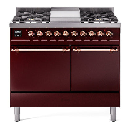 ILVE Nostalgie II 40-Inch Dual Fuel Range with 6 Sealed Burners + Griddle, 4.3 cu. ft. Oven, Burgundy with Copper Trim, Natural Gas, Solid Door, UPD40FQNMPBUP