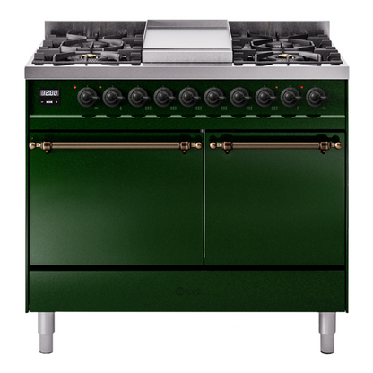 ILVE Nostalgie II 40-Inch Dual Fuel Range with 6 Sealed Burners + Griddle, 4.3 cu. ft. Oven, Emerald Green with Burnished Trim, Liquid Propane, Solid Door, UPD40FQNMPEGBLP