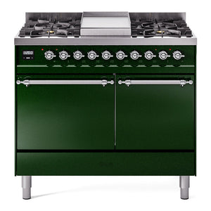 ILVE Nostalgie II 40-Inch Dual Fuel Range with 6 Sealed Burners + Griddle, 4.3 cu. ft. Oven, Emerald Green with Chrome Trim, Natural Gas, Solid Door, UPD40FQNMPEGC