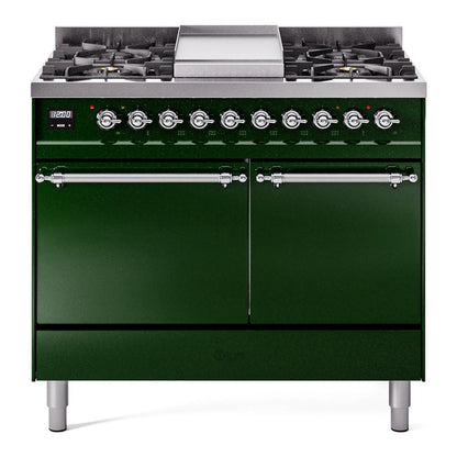 ILVE Nostalgie II 40-Inch Dual Fuel Range with 6 Sealed Burners + Griddle, 4.3 cu. ft. Oven, Emerald Green with Chrome Trim, Natural Gas, Solid Door, UPD40FQNMPEGC