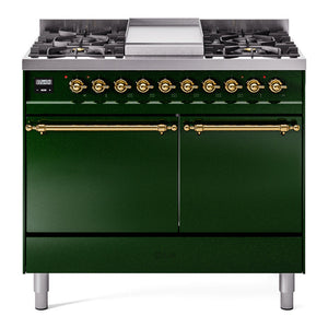 ILVE Nostalgie II 40-Inch Dual Fuel Range with 6 Sealed Burners + Griddle, 4.3 cu. ft. Oven, Emerald Green with Brass Trim, Natural Gas, Solid Door, UPD40FQNMPEGG