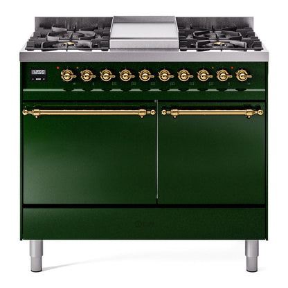 ILVE Nostalgie II 40-Inch Dual Fuel Range with 6 Sealed Burners + Griddle, 4.3 cu. ft. Oven, Emerald Green with Brass Trim, Natural Gas, Solid Door, UPD40FQNMPEGG