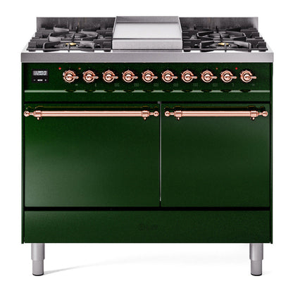 ILVE Nostalgie II 40-Inch Dual Fuel Range with 6 Sealed Burners + Griddle, 4.3 cu. ft. Oven, Emerald Green with Copper Trim, Natural Gas, Solid Door, UPD40FQNMPEGP