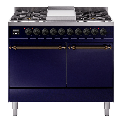 ILVE Nostalgie II 40-Inch Dual Fuel Range with 6 Sealed Burners + Griddle, 4.3 cu. ft. Oven, Midnight Blue with Burnished Trim, Liquid Propane, Solid Door, UPD40FQNMPMBBLP