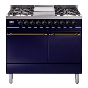 ILVE Nostalgie II 40-Inch Dual Fuel Range with 6 Sealed Burners + Griddle, 4.3 cu. ft. Oven, Midnight Blue with Burnished Trim, Natural Gas, Solid Door, UPD40FQNMPMBB
