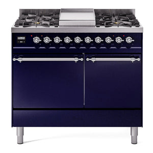 ILVE Nostalgie II 40-Inch Dual Fuel Range with 6 Sealed Burners + Griddle, 4.3 cu. ft. Oven, Midnight Blue with Chrome Trim, Liquid Propane, Solid Door, UPD40FQNMPMBCLP