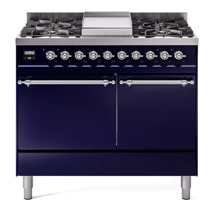 ILVE Nostalgie II 40-Inch Dual Fuel Range with 6 Sealed Burners + Griddle, 4.3 cu. ft. Oven, Midnight Blue with Chrome Trim, Liquid Propane, Solid Door, UPD40FQNMPMBCLP