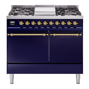 ILVE Nostalgie II 40-Inch Dual Fuel Range with 6 Sealed Burners + Griddle, 4.3 cu. ft. Oven, Midnight Blue with Brass Trim, Natural Gas, Solid Door, UPD40FQNMPMBG