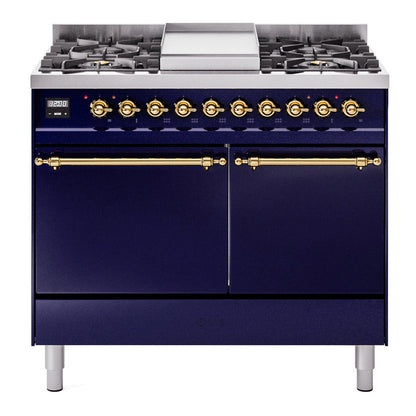 ILVE Nostalgie II 40-Inch Dual Fuel Range with 6 Sealed Burners + Griddle, 4.3 cu. ft. Oven, Midnight Blue with Brass Trim, Natural Gas, Solid Door, UPD40FQNMPMBG