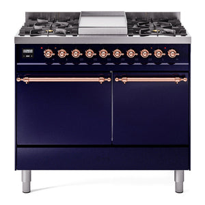 ILVE Nostalgie II 40-Inch Dual Fuel Range with 6 Sealed Burners + Griddle, 4.3 cu. ft. Oven, Midnight Blue with Copper Trim, Liquid Propane, Solid Door, UPD40FQNMPMBPLP