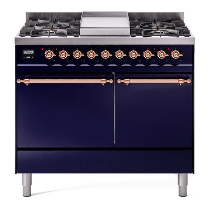 ILVE Nostalgie II 40-Inch Dual Fuel Range with 6 Sealed Burners + Griddle, 4.3 cu. ft. Oven, Midnight Blue with Copper Trim, Liquid Propane, Solid Door, UPD40FQNMPMBPLP