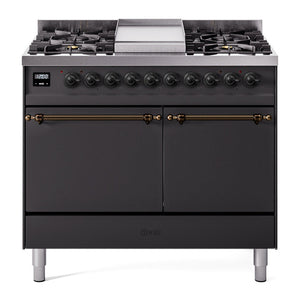 ILVE Nostalgie II 40-Inch Dual Fuel Range with 6 Sealed Burners + Griddle, 4.3 cu. ft. Oven, Graphite Matte with Burnished Trim, Liquid Propane, Solid Door, UPD40FQNMPMGBLP