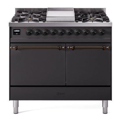ILVE Nostalgie II 40-Inch Dual Fuel Range with 6 Sealed Burners + Griddle, 4.3 cu. ft. Oven, Graphite Matte with Burnished Trim, Natural Gas, Solid Door, UPD40FQNMPMGB